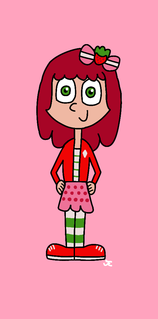 A drawing of Strawberry Shortcake. She has peachy skin, green eyes, and deep red, shoulder-length hair. She is wearing a white shirt with green stripes, a red jacket with a diamond on it, a pink skirt with polka-dots, white and green striped tights, a pair of red sneakers, and a pink hairbow with a white stripe and a strawberry in the middle.